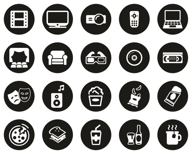 电影之夜在家里图标白色在黑色平面设计圈设置大图片下载