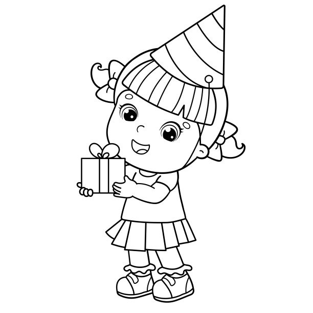 一个卡通女孩在节日里拿着礼物。的生日。儿童涂色书图片下载