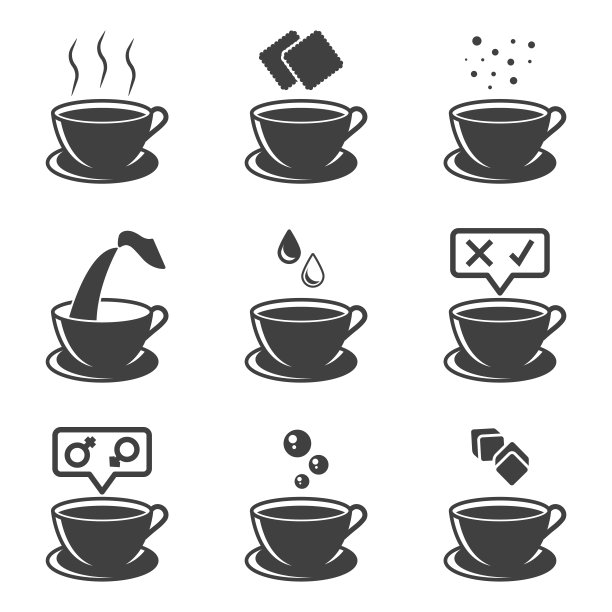 一套杯子图标与茶或咖啡。多种选择可供共同消费和甜品选择。饼干，奶油，配料等等。孤立的矢量在白色的背景。图片下载