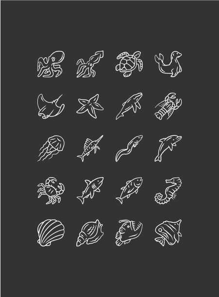 海洋动物粉笔图标设置。海龟，水母，龙虾，蝴蝶鱼。会游泳的软体动物和鱼类。水下野生动物。海洋居民。水生生物。孤立矢量黑板插图图片下载
