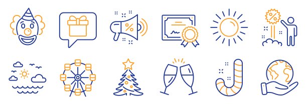 一套假日图标，如小丑，折扣，摩天轮。向量图片下载