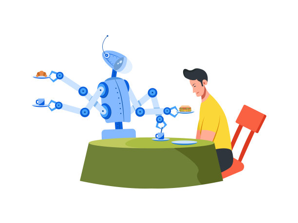 坐在餐桌旁的男人。满意的机器人端着一盘食物和饮料。图片下载