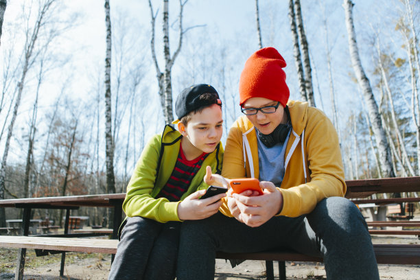 两个十几岁的男孩穿着五颜六色的衣服分享手机，看着对方的手机感兴趣，在一起，感兴趣地坐在一个阳光明媚的公园图片下载