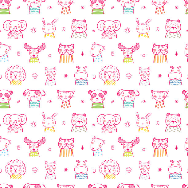 可爱的斯堪的纳维亚风格动物脸无缝模式。手绘卡通动物。儿童矢量背景图片下载
