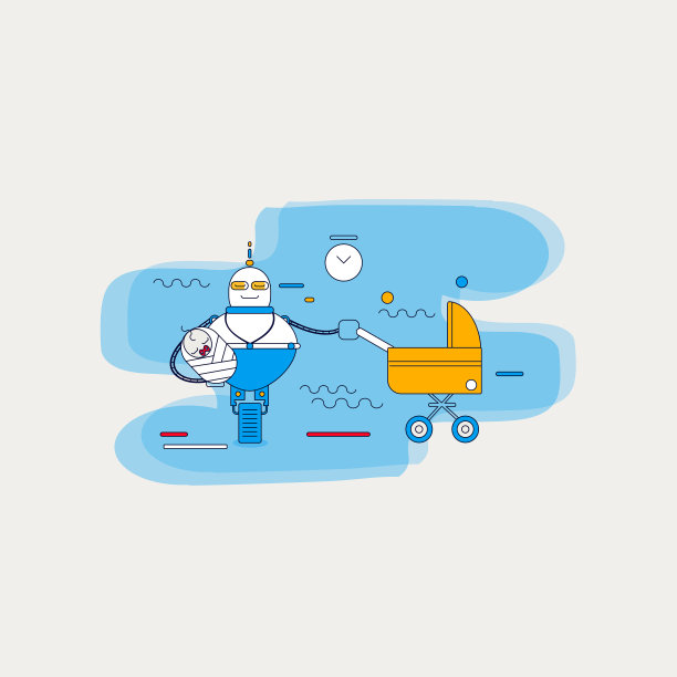 抱着新生儿的机器人。彩色矢量卡通平面插图。图片下载