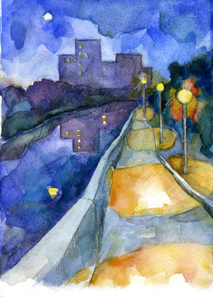 暮色中的河堤上挂着明亮的灯笼。城市的剪影作为背景。水彩画插图。图片下载