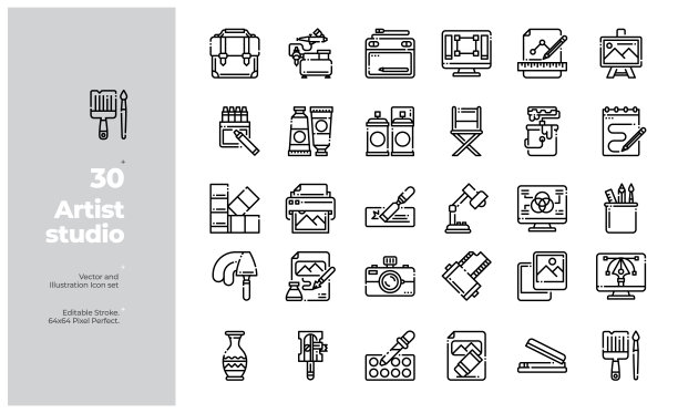 矢量线图标艺术和设计元素或艺术家工作室概念集。可编辑的中风。图片下载
