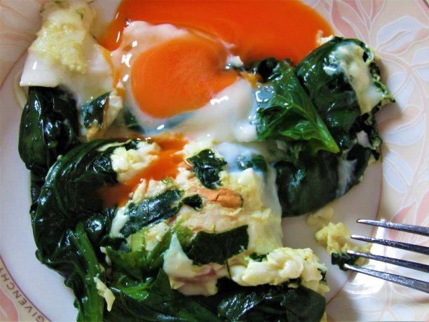 菠菜煎蛋。多色静物画。图片下载