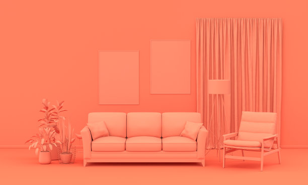 平面色彩的房间海报展示，单色粉橙色与家具和房间配件。灯光背景与复制空间。三维渲染图片下载