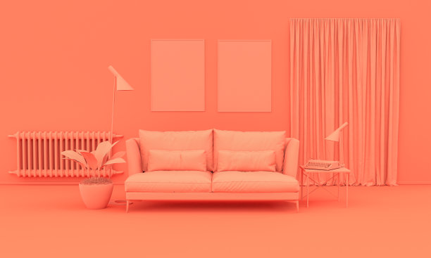 室内以纯单色的粉橙色搭配家具和房间配件。灯光背景与复制空间。三维渲染图片下载