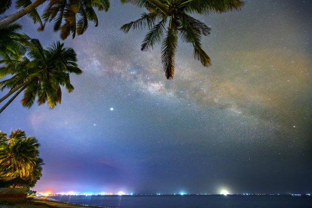 午夜的海景与椰子树剪影和银河在天空图片下载