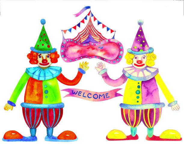 戴着马戏团帐篷横幅的小丑。欢迎参观游乐园插图。儿童派对，庆祝设计。水彩插图孤立在白色图片下载