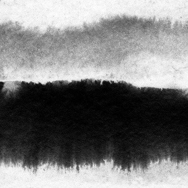 抽象山水水墨手绘插画。黑白墨冬山水配江水。简约的手绘图片下载