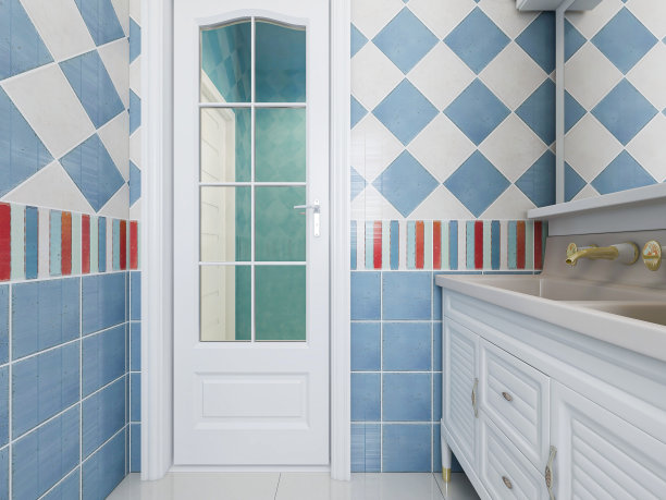 3D效果图，洁净现代住宅浴室及卫生间设计，配备盥洗台、卫生间、淋浴设备等。图片下载