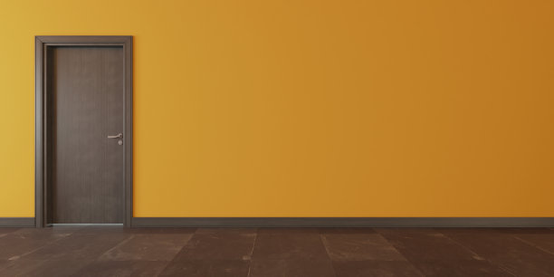 棕色木门与黄色的墙壁和黑色的石头地板3D渲染图片下载