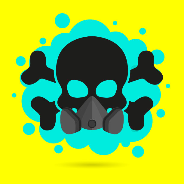 黑色头盖骨与交叉的呼吸器在黄色的背景。个人防护的概念，烟雾，气体，病毒图片下载