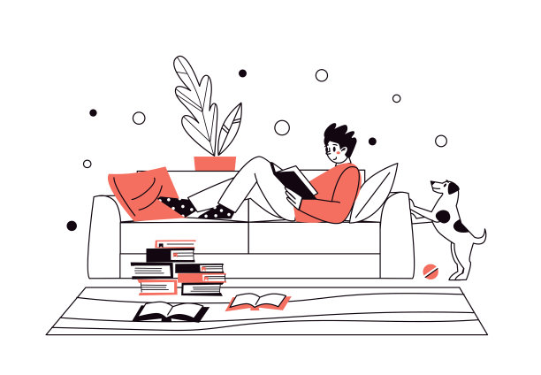 男人在家里，躺在沙发上，看书。家图书馆。阅读论文文学的概念。一个年轻人正在看一本好书休息。男孩在家里玩得很开心。图片下载