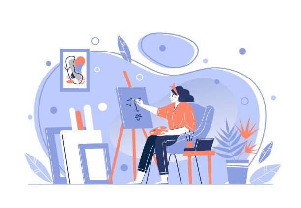 一个女孩艺术家在家里画一幅画，在画架后面，拿着画笔和调色板。家庭工作室的创意职业。花时间。图片下载