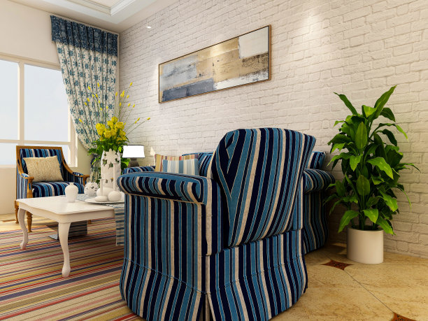 3d效果图，宽敞的地中海客厅设计，配有沙发、咖啡桌、装饰画等。图片下载