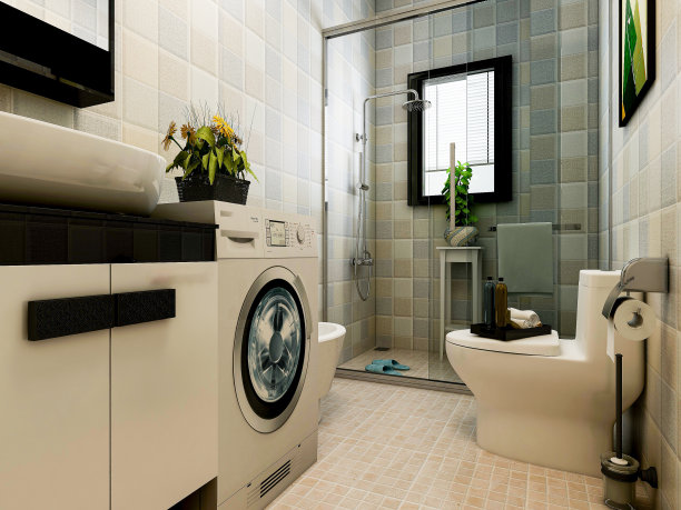 3D效果图，洁净现代住宅浴室及卫生间设计，配备盥洗台、卫生间、淋浴设备等。图片下载