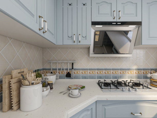 3D效果图，现代家庭厨房设计，新橱柜和带有冰箱的厨房用具，阳光透过窗户。图片下载