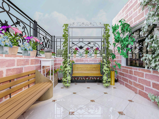 露天庭院的3D渲染、亭子、沙滩椅、绿色植物等图片下载