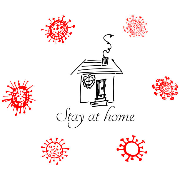 呆在家里。停止冠状病毒的概念。房子周围有细菌的图标。向量检疫标志。画线。医疗图标集合。新型冠状病毒肺炎2019新型冠状病毒。SARS-CoV-2图片下载