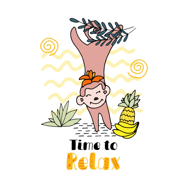 可爱的猴子与文字假期放松的时间。儿童插图海报，纺织品，t恤。平面矢量贺卡模板。图片下载