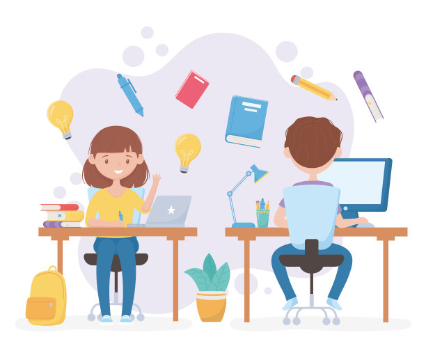 教育在线学生女孩和男孩书桌与书背包图片下载