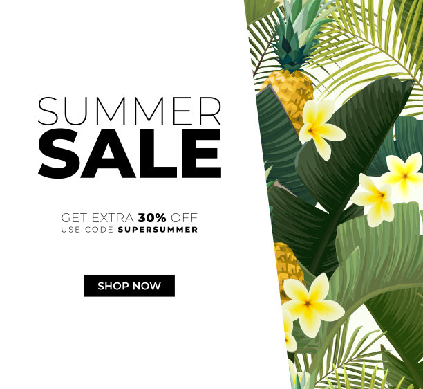 矢量夏季设计与异国情调的芭蕉叶，鸡蛋花，菠萝和文字空间。销售报价模板，横幅传单的背景。热带的背景说明。图片下载