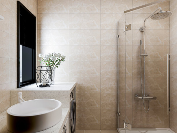 3D效果图，洁净现代住宅浴室及卫生间设计，配备盥洗台、卫生间、淋浴设备等。图片下载