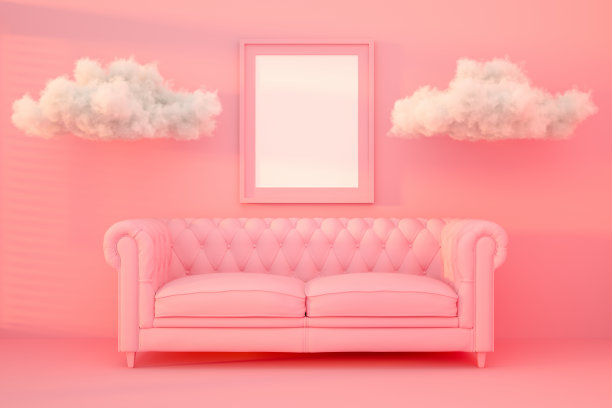 3D室内，客厅，沙发和空框架与阳光和云图片下载