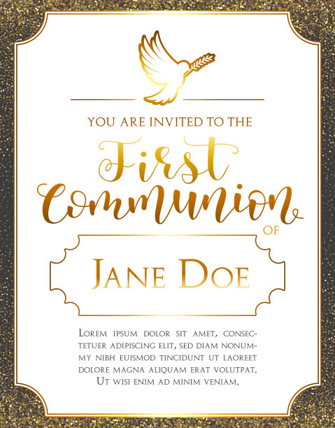 漂亮字体的邀请函。模板在向量为圣餐仪式。黄金传单。图片下载