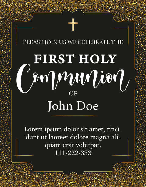 漂亮字体的邀请函。模板在向量为圣餐仪式。黄金传单。图片下载