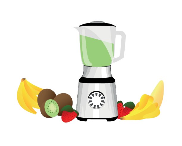 用搅拌机准备水果奶昔。香蕉，草莓，猕猴桃和活页夹。图片下载