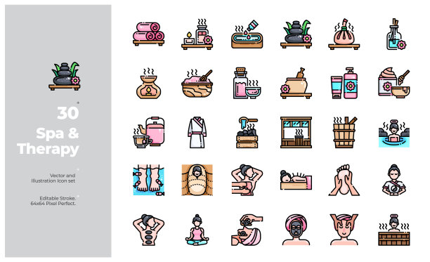 矢量颜色线图标水疗和治疗。可编辑的中风。图片下载