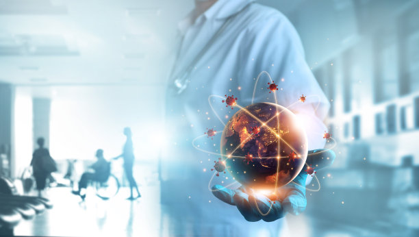 抽象：医生手中托着新冠病毒地球，全球新冠疫情（本图由NASA提供元素）图片下载