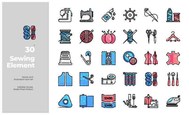 矢量颜色线图标一套缝纫设备。可编辑的中风。图片下载
