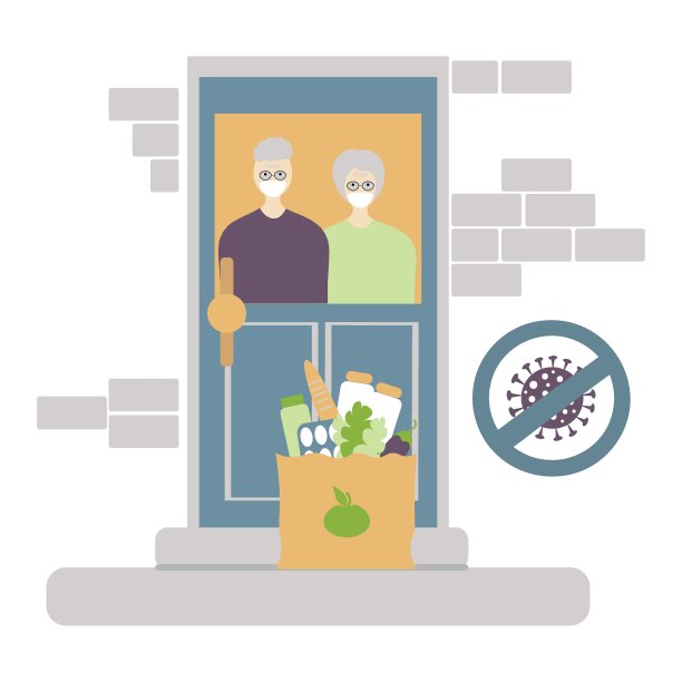 无接触的食品配送给老年人。冠状病毒,covid-19概念。老两口在门口准备去取外卖。送货纸袋图片下载