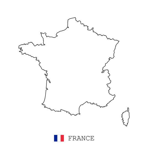 法国地图线，线形细矢量。法国简单的地图和旗帜。图片下载