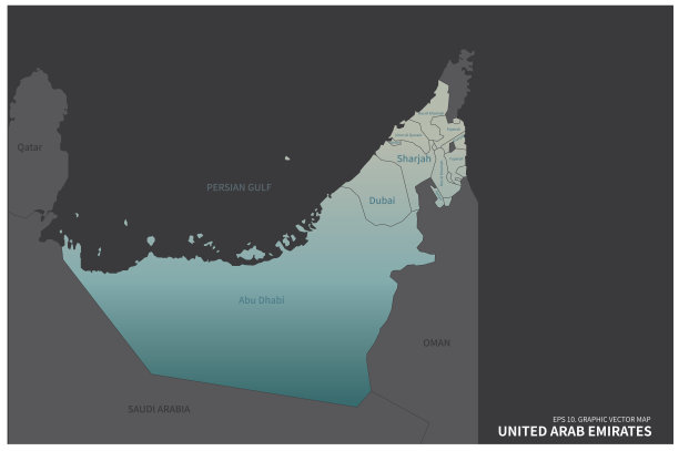 阿拉伯联合酋长国地图。中东国家阿联酋矢量地图图片下载