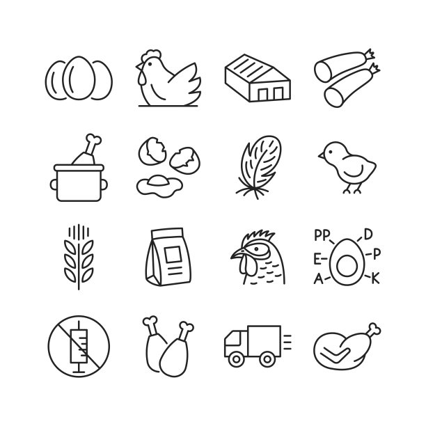 家禽农场图标设置。可编辑的中风。矢量插图。图片下载