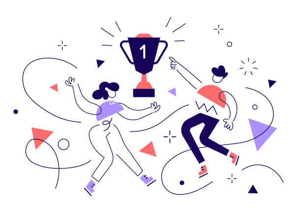 矢量创意的男、女团队第一名的商业插画与获奖。白色背景上的成功人士和优胜者奖杯。图片下载