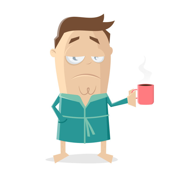 一个穿着浴袍的男人拿着一杯咖啡的滑稽卡通插图图片下载