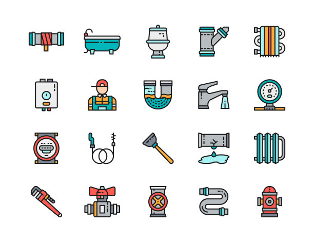 一套管道服务平面颜色线图标。浴缸，厕所，锅炉，水管工和更多。图片下载