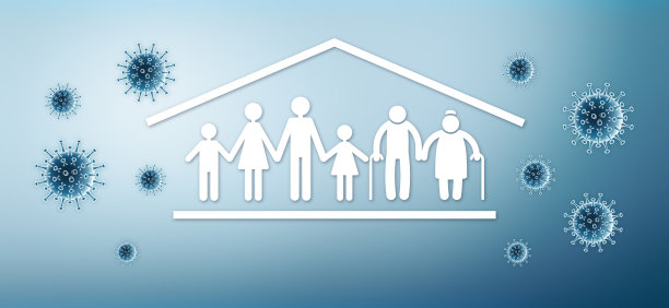冠状病毒covid - 19保护概念，家庭留在家里和covid符号图标上的蓝色背景，复制空间和网络横幅模板图片下载