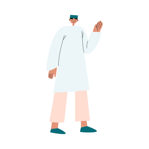 穆斯林男子在传统服装站和问候与手矢量插图图片下载