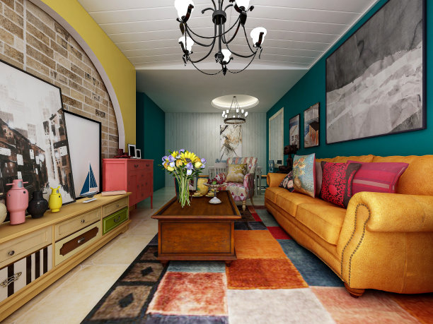 3D效果图，干净整洁的现代客厅设计，入口配有鞋柜、沙发、电视、桌子、休闲椅等设施图片下载