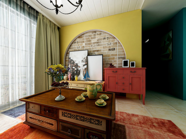 3D效果图，干净整洁的现代客厅设计，入口配有鞋柜、沙发、电视、桌子、休闲椅等设施图片下载