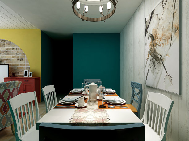 3D渲染，用餐区设计异国情调的颜色，木制餐桌和椅子图片下载